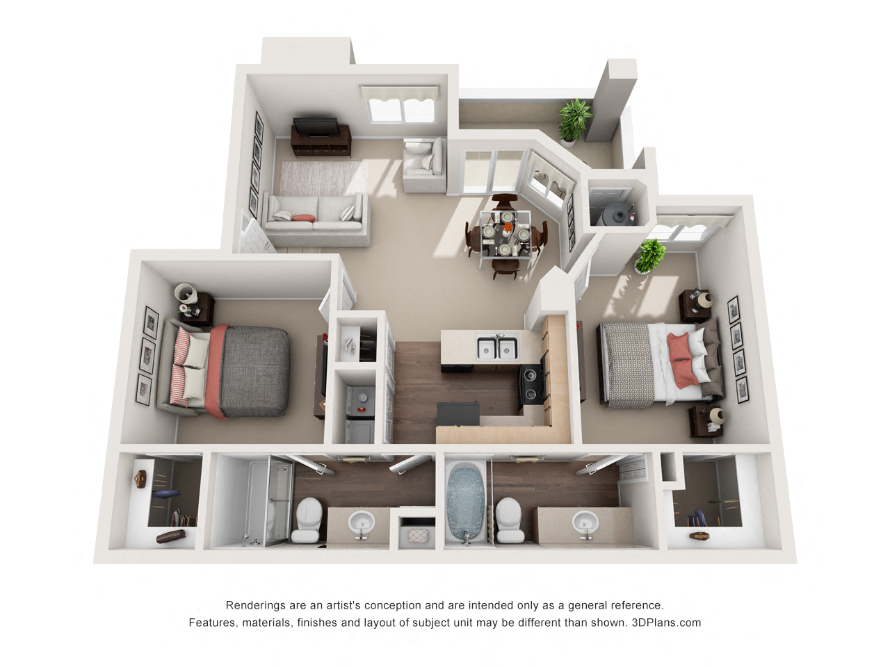 Floor plan for 2 beds, 2 baths, 1066 sqft